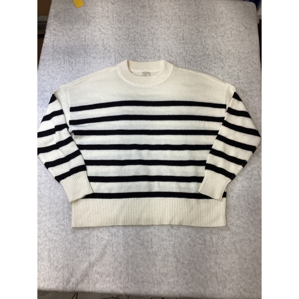 A New Day Women Cream Black Striped Crewneck Sweater‎ Size M Drop Shoulder Knit